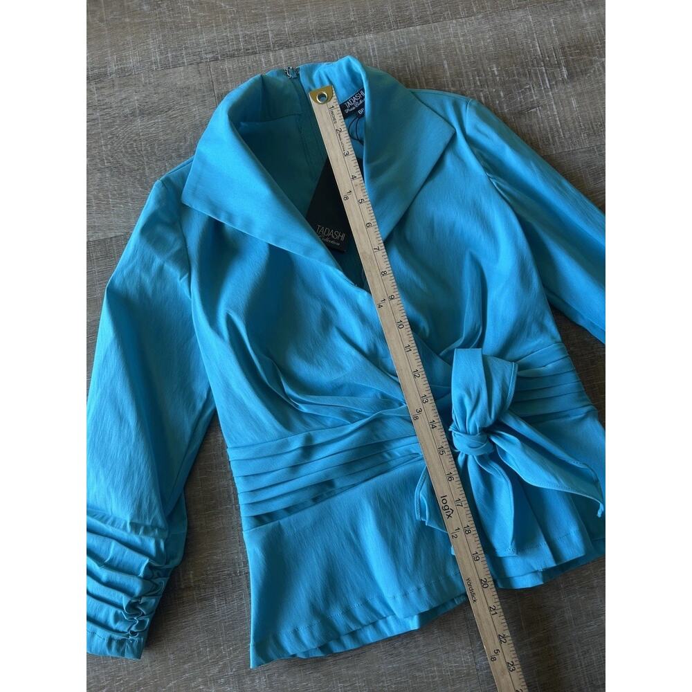 Tadashi Shoji Satin Wrap Blouse Women 6P Evening Cocktail Top Blue Artsy NWT - Picture 7 of 12
